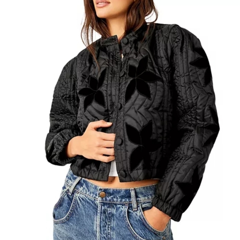 Free People Quinn Quilted Embroidered Cropped Jacket In Black Size Small - Picture 7 of 7